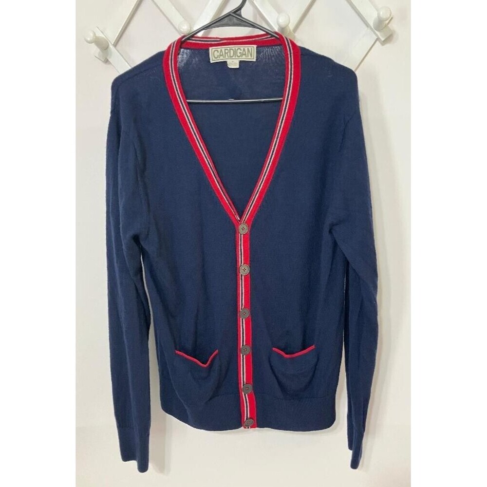 CARDIGAN 100% Merino Wool Men's Cardigan Navy Blue Red Stripe Button Sweater M